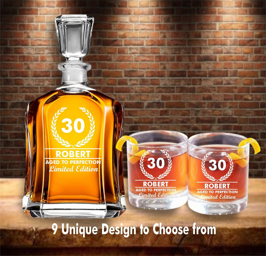 30th Birthday Decanter Gift, Custom Whiskey Decanter Set, Aged to Perfection 1973, 1983, 1993, 30th Birthday, 40th, 50th, 60th, Gift For Him