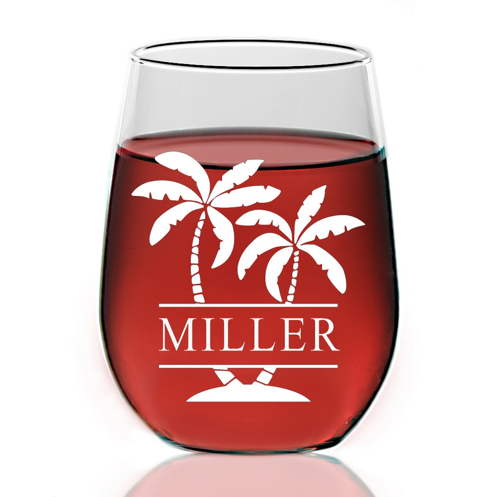 Personalized Stemless Wine Glass, Palm Tree Wine Glass, Split Monogram Wine glass, Custom wine glass Bridesmaid Gift, Engraved Wine Glass