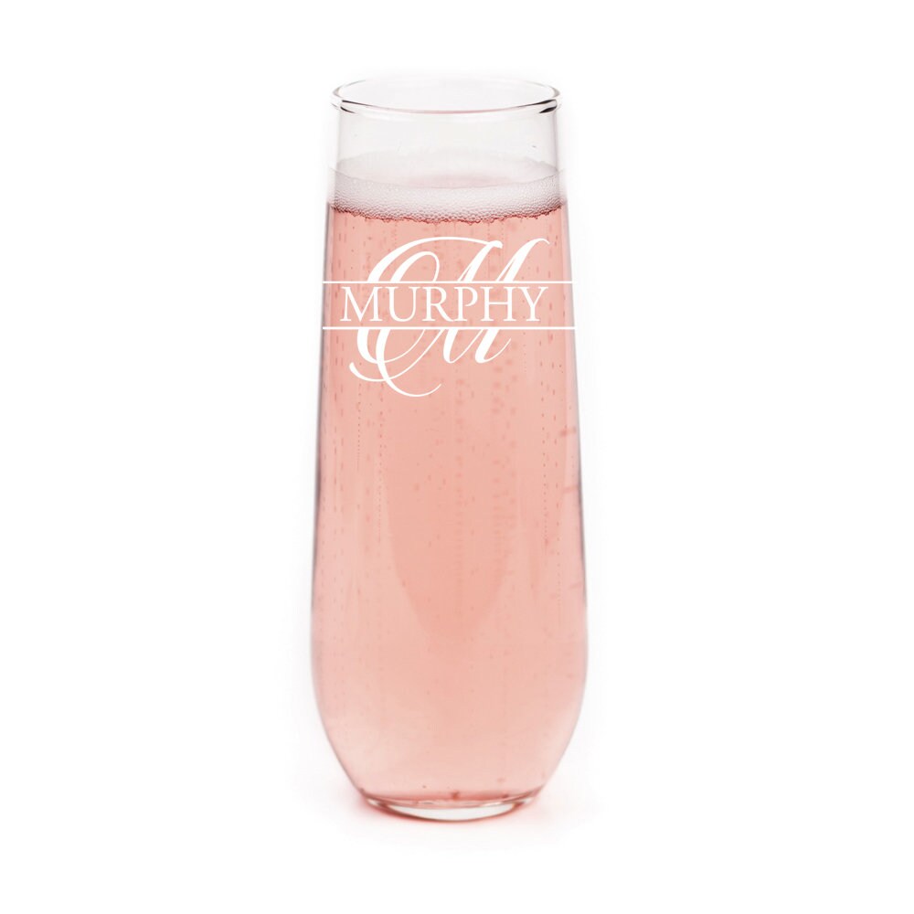 Personalized Monogram Stemless Champagne Flute, Split Monogram Champagne Glass,Personalized Wedding Toasting Flutes,Custom Bridesmaid Gifts,