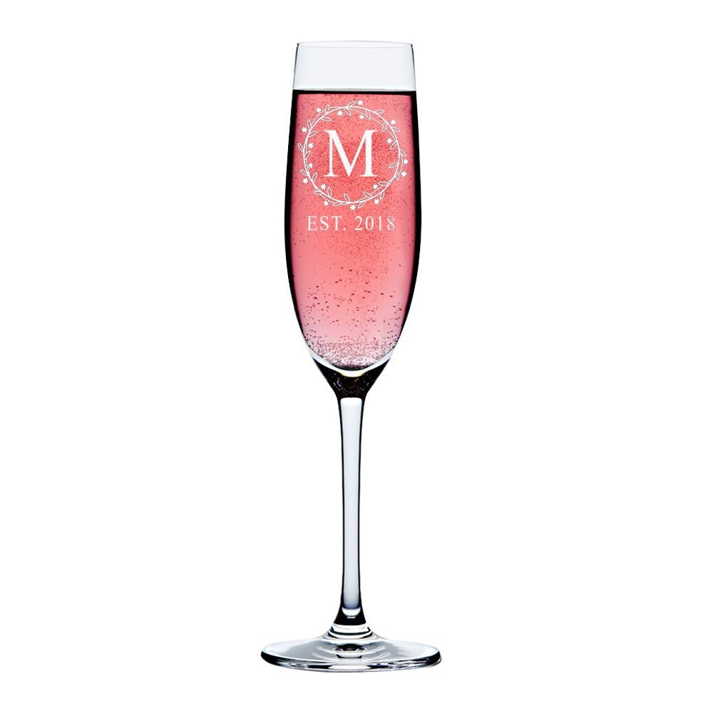 Wreath Monogram Personalized Champagne Flute, Custom Wedding Champagne Toasting Glass,Personalized Wedding Toasting Flutes