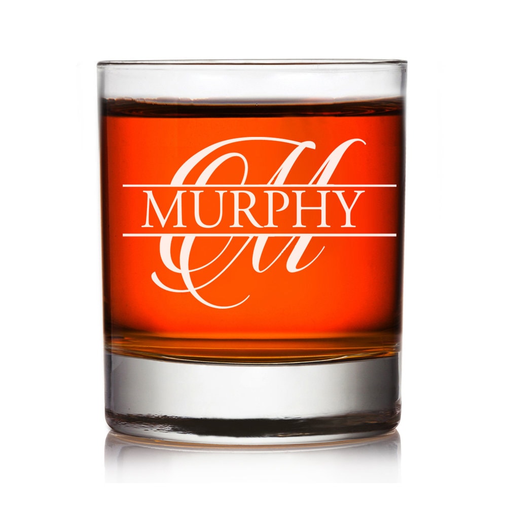 Personalized Split Monogram Whiskey Glass, Engraved Monogram Rocks Glass Gift , Wedding Party Gift, Engraved Groomsman Custom Whiskey Glass,