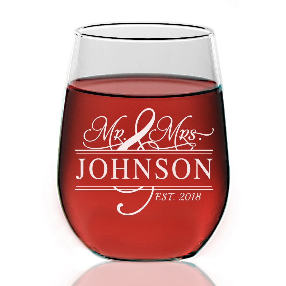 Personalized Mr. and Mrs. Stemless Wine Glass, Engraved Wine Glass, Monogram Wine glass, Wedding Wine Glass, Couples Wine Glass Gift