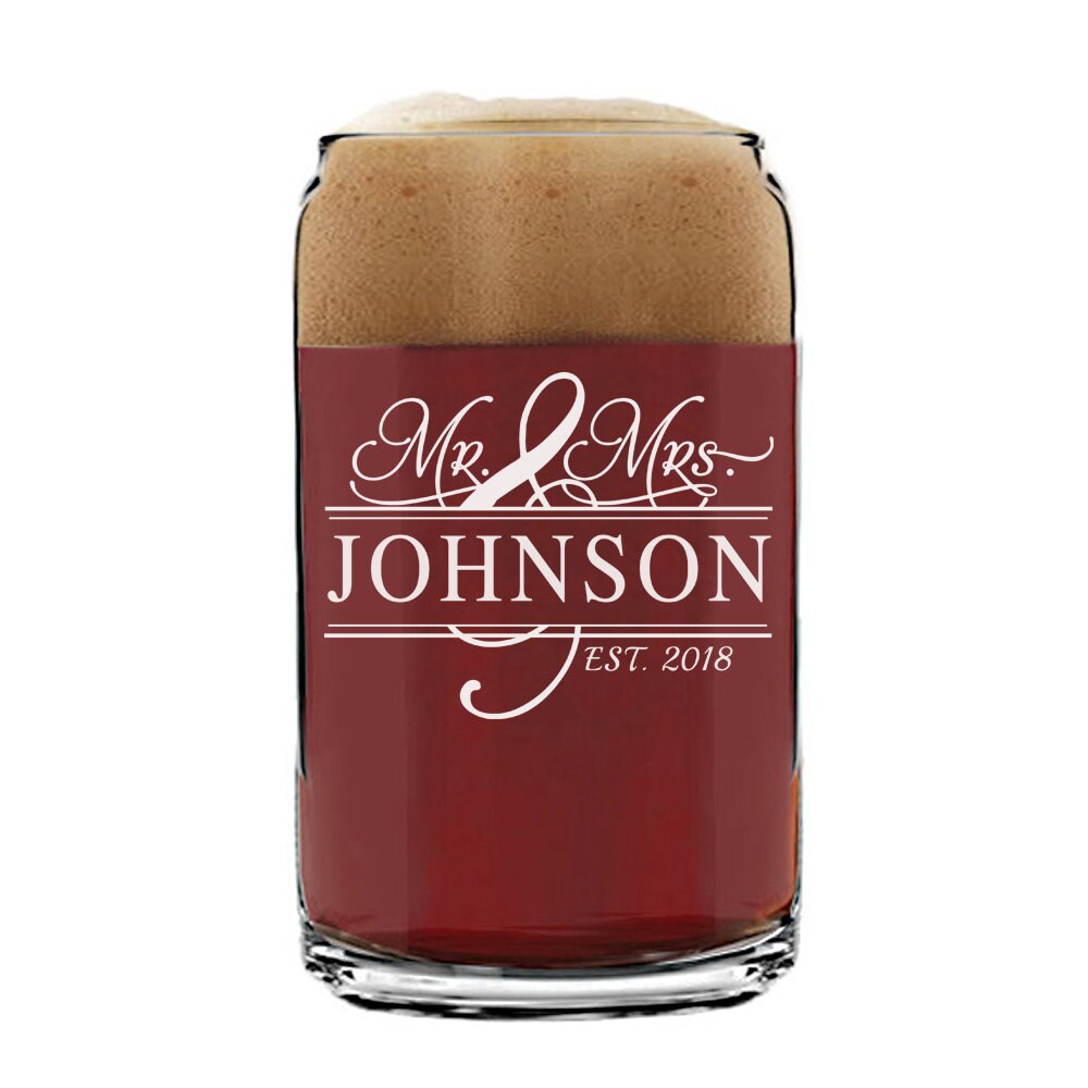 Personalized Mr. and Mrs. Beer Glass, Split Monogram Beer glass, Couples Custom Beer Glass, Mr. and Mrs. Engraved Couples gift