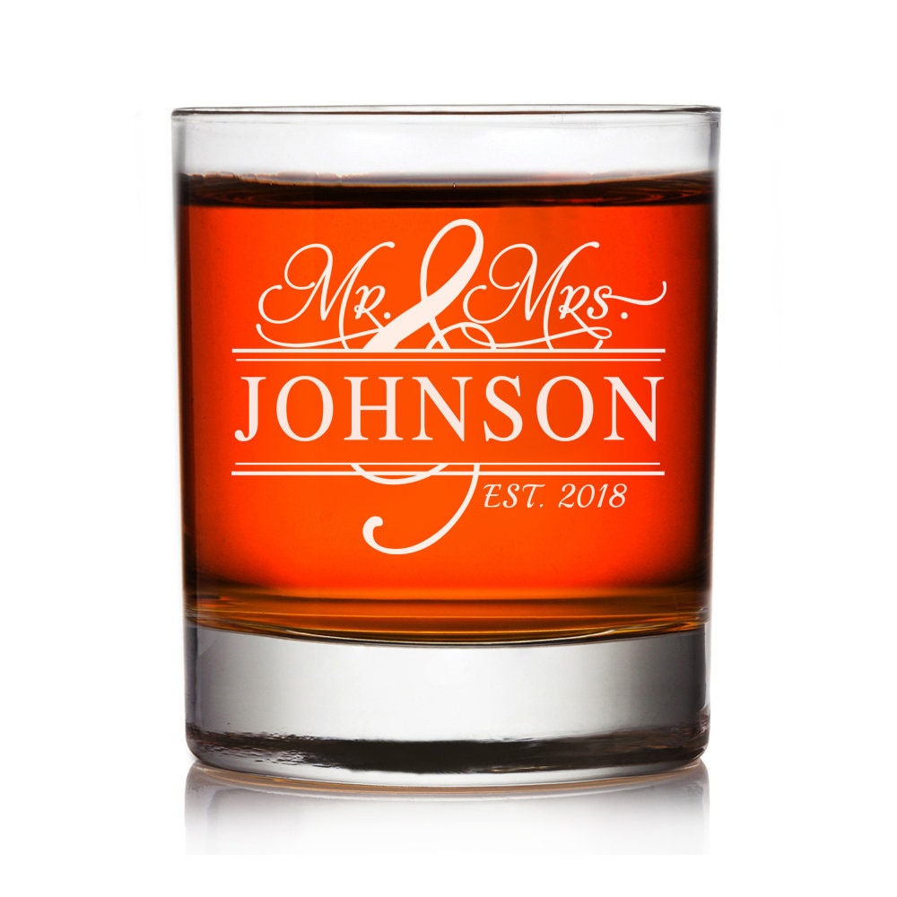 Personalized Mr. and Mrs. Rocks Glass, Engraved Monogram Rocks Glass Gift , Custom Wedding Gift, Engraved Bride and Groom Whiskey Glass,