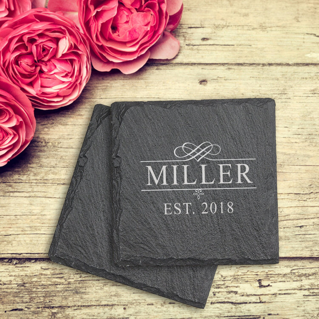 Custom Flourish Personalized Slate Coasters Couples Gifts, Housewarming Engraved Coaster gift,Wedding Gift For Couples,Bridal Shower Coaster