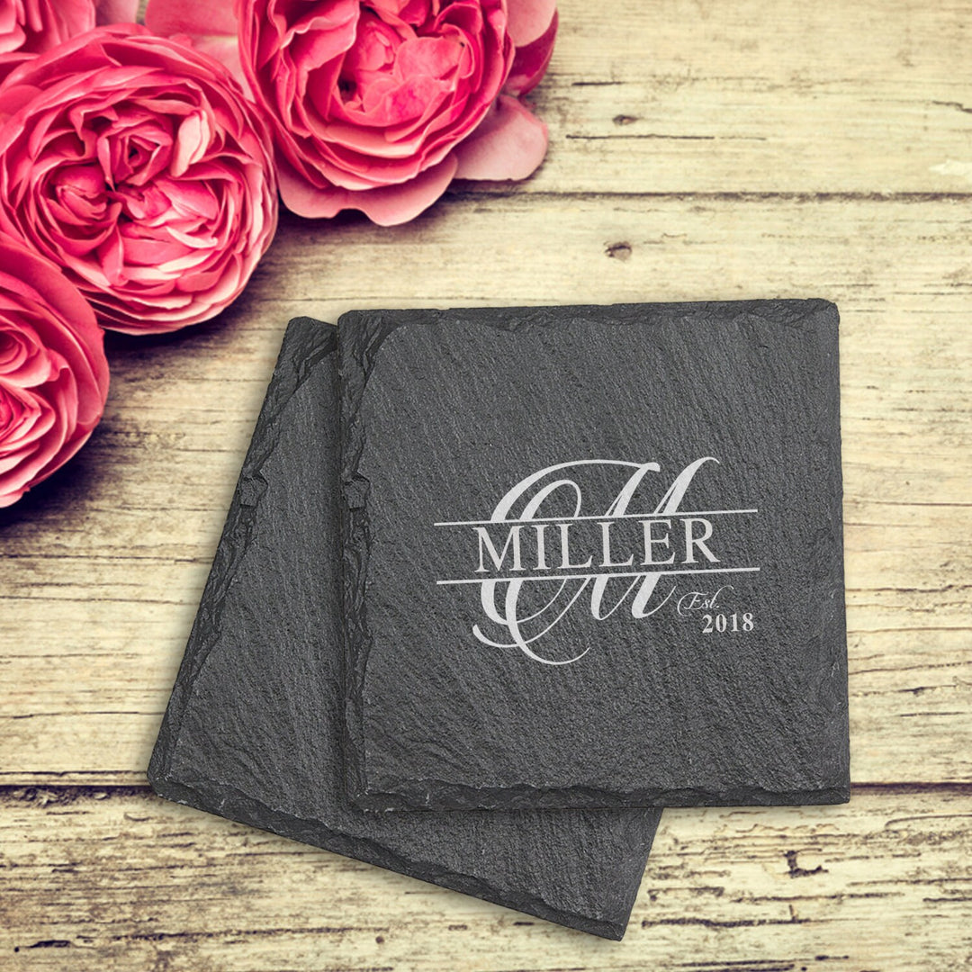 Fancy Monogram Slate Stone Coaster Housewarming Gifts, Engraved Couples Coaster gift, Wedding Gift Couples, Rustic Wedding Coasters