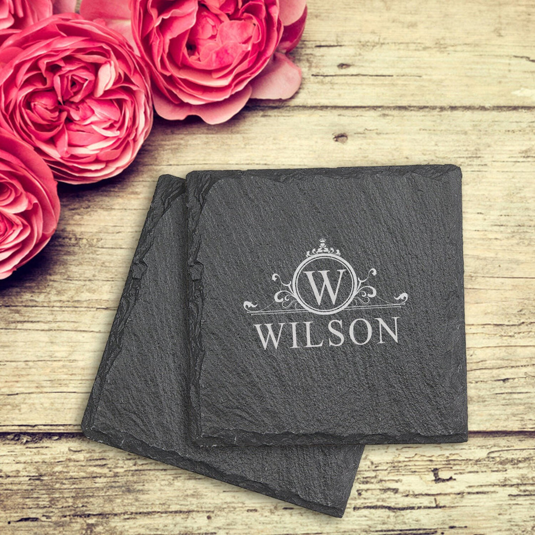Modern Monogram Custom Slate Stone Coaster Housewarming Gifts, Engraved Couples Coaster gift, Wedding Gift Couples, Rustic Wedding Coasters