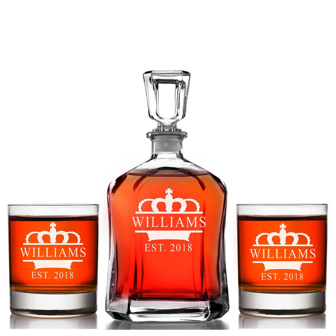 Couples Royal Design Wedding Gift Whiskey Decanter Gift set, Housewarming Whiskey Decanter set, Groomsmen Decanter set Gift, Scotch Glass