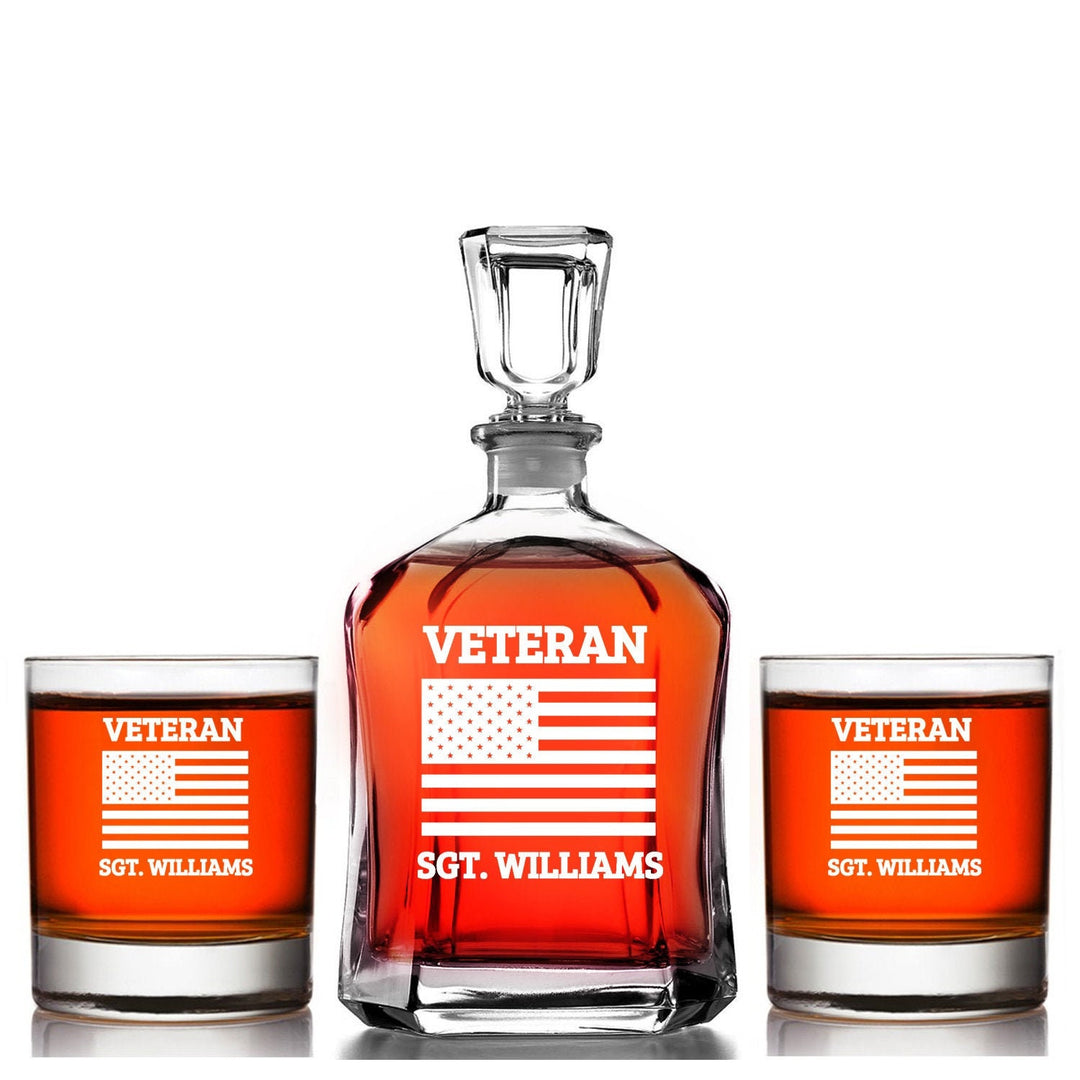 US Veteran Personalized Whiskey Decanter Gift set, American flag Scotch Decanter, Engraved Armed Services Gift, Navy,Marines, Army,Air Force