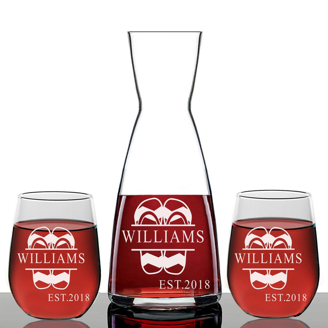 Personalized Beach Theme Monogram Wine Decanter, Custom wine Decanter, Heart Wine Glass, Personalized Wedding Gift, Engraved Wine Decanter