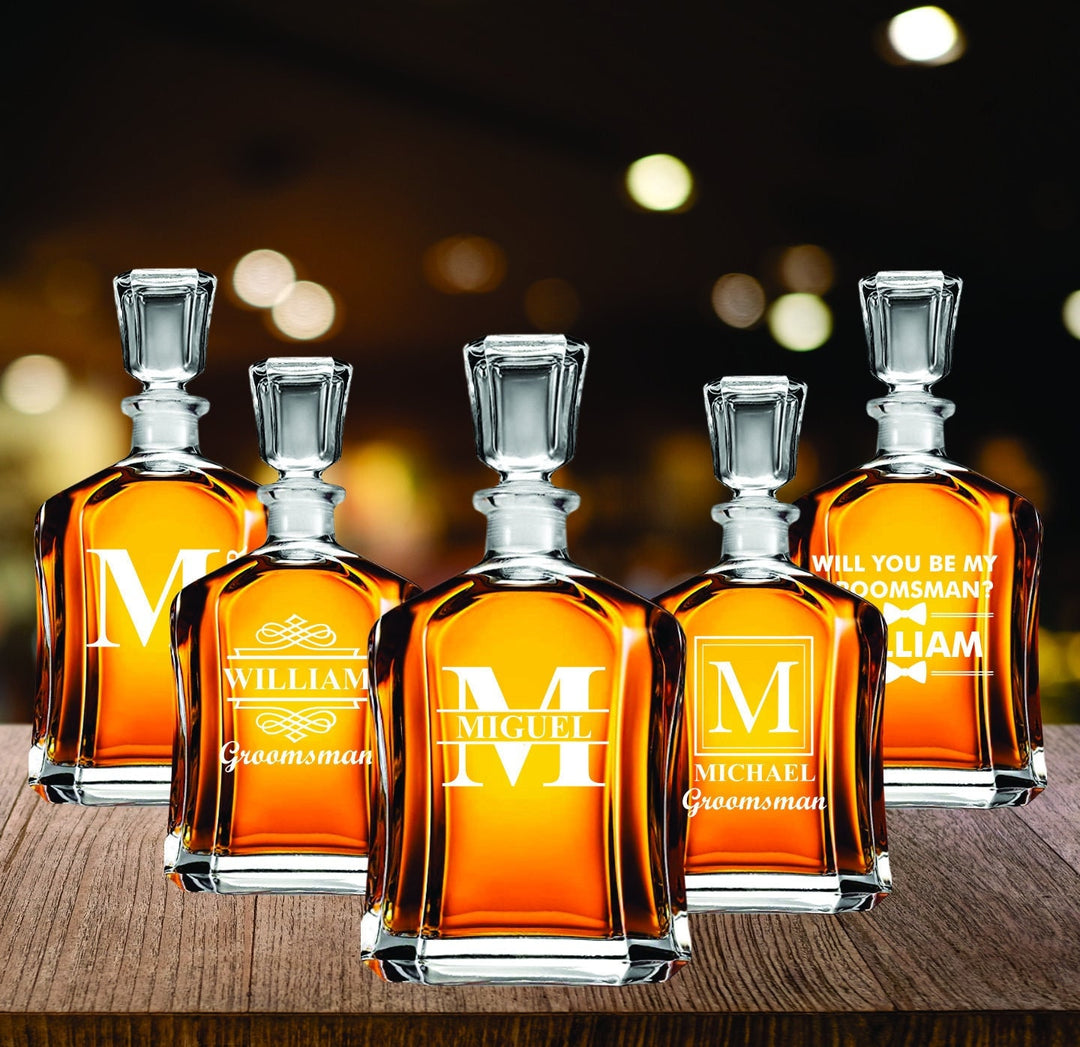 Set of 5 Groomsmen Whiskey Decanter Gift, Groomsman Proposal Whiskey Gifts, Personalized Bachelor Party Gifts, Officiant, Best Man, Groom