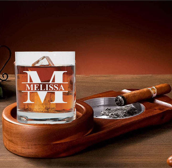Whiskey Glass with Cigar Ashtray, Wood Cigar Holder, Engraved Rocks Glass Coaster Gift, Personalized Bourbon Glasses, Retirement, Cigars Box