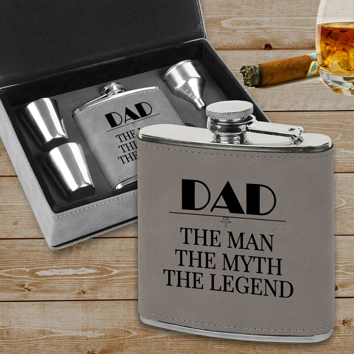 Custom Flask Father's Day Gift, Leatherette Flask gift set, Flask gift for dad, Man cave gift, Groomsman gift,Fun gifts for Dad,New dad gift