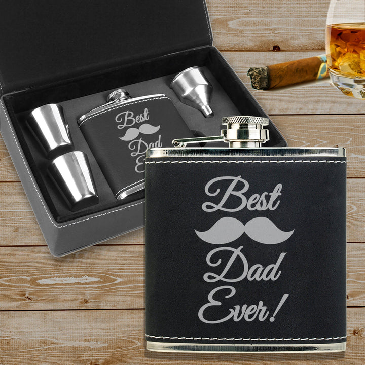 Best Dad Ever Custom Flask Father's Day Gift, Leatherette Flask gift set, Flask gift for dad, Man cave gift,Fun gifts for Dad, Best Father