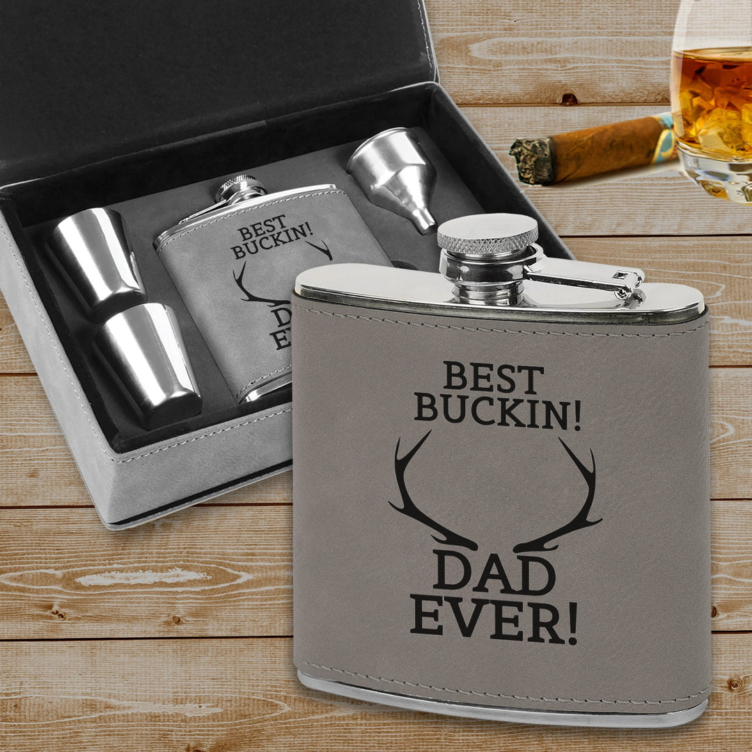 Custom Best Buckin dad Flask Father's Day Gift, Leatherette Flask gift set, Flask gift for dad, Man cave gift,Fun gifts for Dad,New dad gift