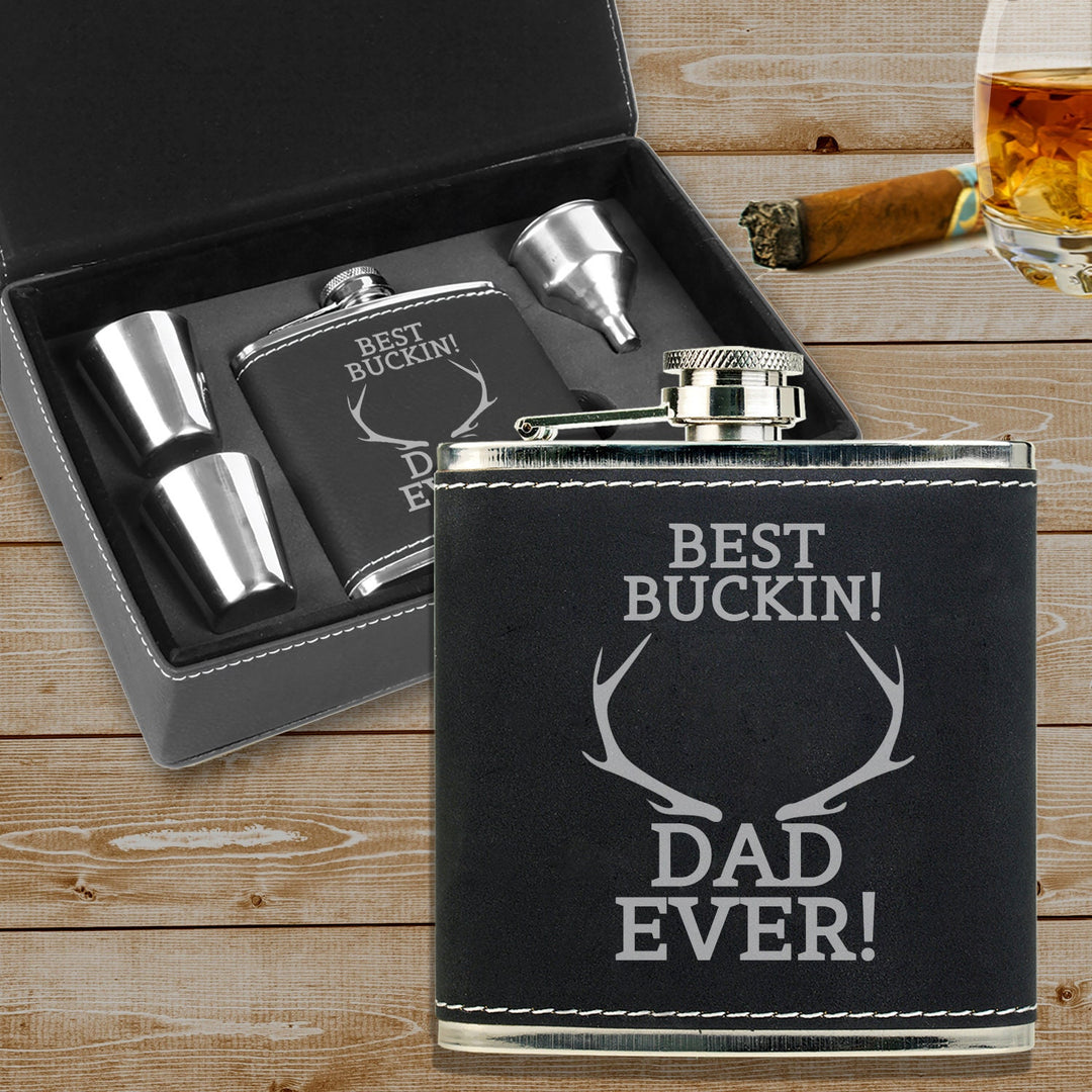 Custom Best Buckin dad Flask Father's Day Gift, Leatherette Flask gift set, Flask gift for dad, Man cave gift,Fun gifts for Dad,New dad gift
