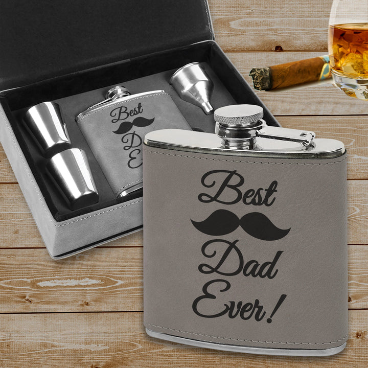 Best Dad Ever Custom Flask Father's Day Gift, Leatherette Flask gift set, Flask gift for dad, Man cave gift,Fun gifts for Dad, Best Father