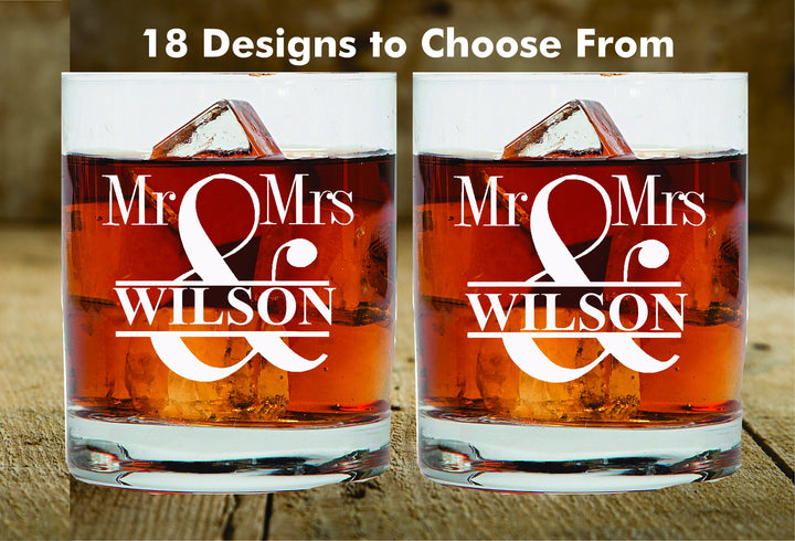 Mr and Mrs 2pc Wedding Whiskey Glasses, Wedding Gift for Couples, 2 pc Set Whiskey Glass, Bourbon Gift glass, Wedding Couples Scotch Glass