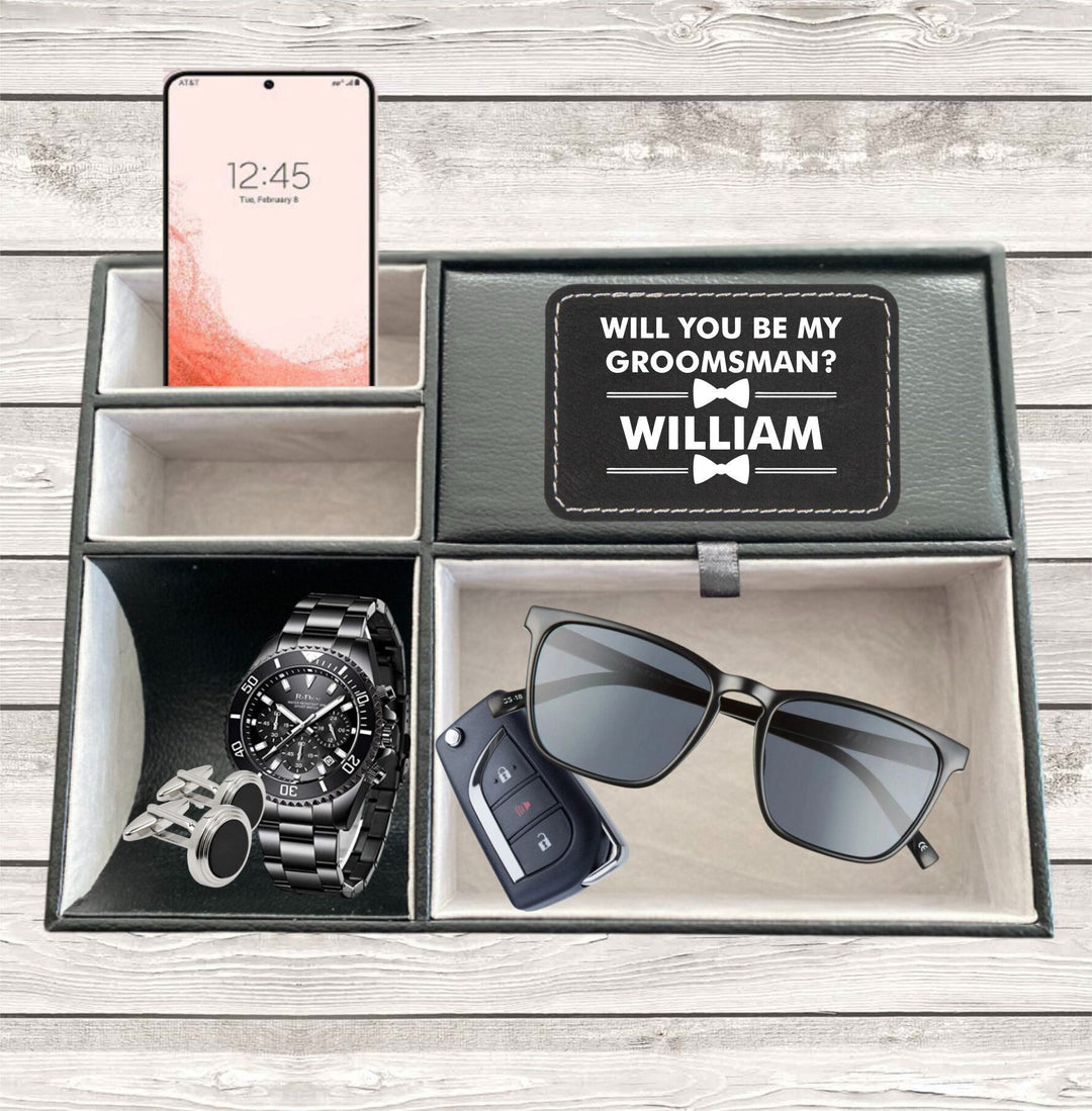 Groomsmen Proposal Catchall Valet Tray Organizer, Groomsman Custom Valet Tray, Personalized Men's Day Desk Organizer, Monogram Valet Box