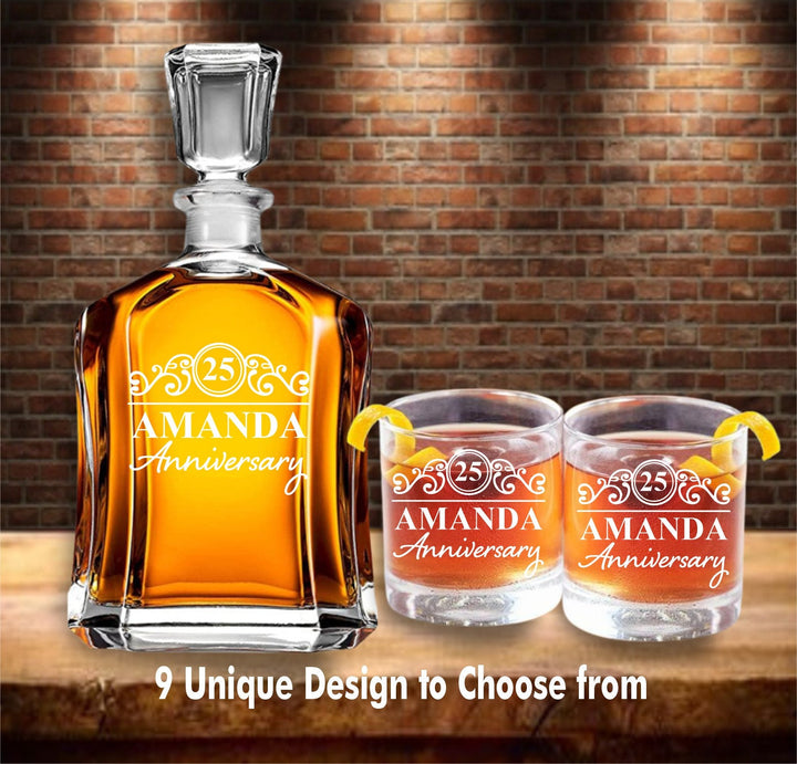 Personalized 25th Anniversary Gift for Couples, Custom Whiskey Decanter Set , Personalized Decanter Gift Set, Decanter Gift For Mom and Dad