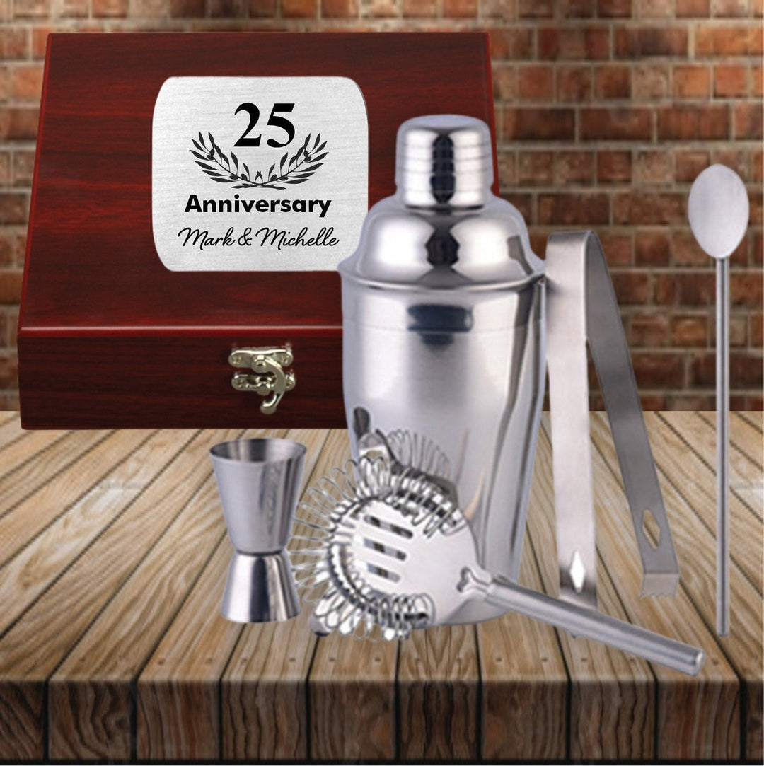 25th Anniversary Martini Shaker Set Engraved, Custom Martini Gift Set, Personalized Cocktail set Gift Box, Barware gift for couples, Wedding