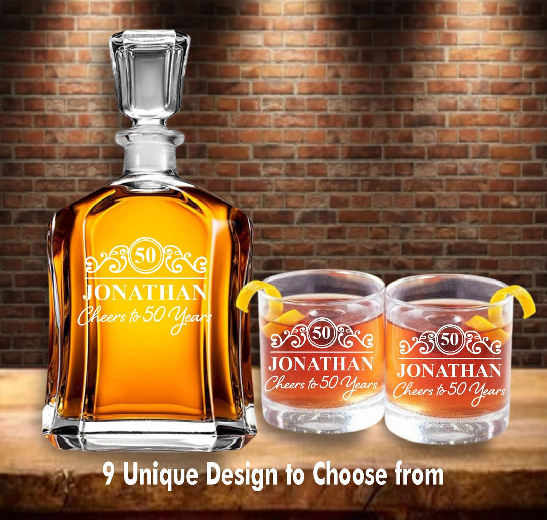 50th Birthday Decanter Gift, Custom Whiskey Decanter Set, Aged to Perfection 1973, 1983, 1993, 30th Birthday, 40th, 50th, 60th, Gift For Him