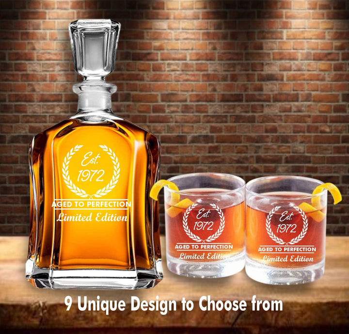 30th Birthday Decanter Gift, Custom Whiskey Decanter Set, Aged to Perfection 1973, 1983, 1993, 30th Birthday, 40th, 50th, 60th, Gift For Him