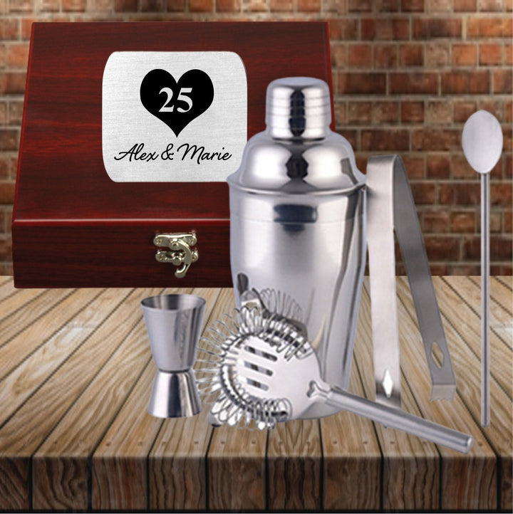 25th Anniversary Martini Shaker Set Engraved, Custom Martini Gift Set, Personalized Cocktail set Gift Box, Barware gift for couples, Wedding