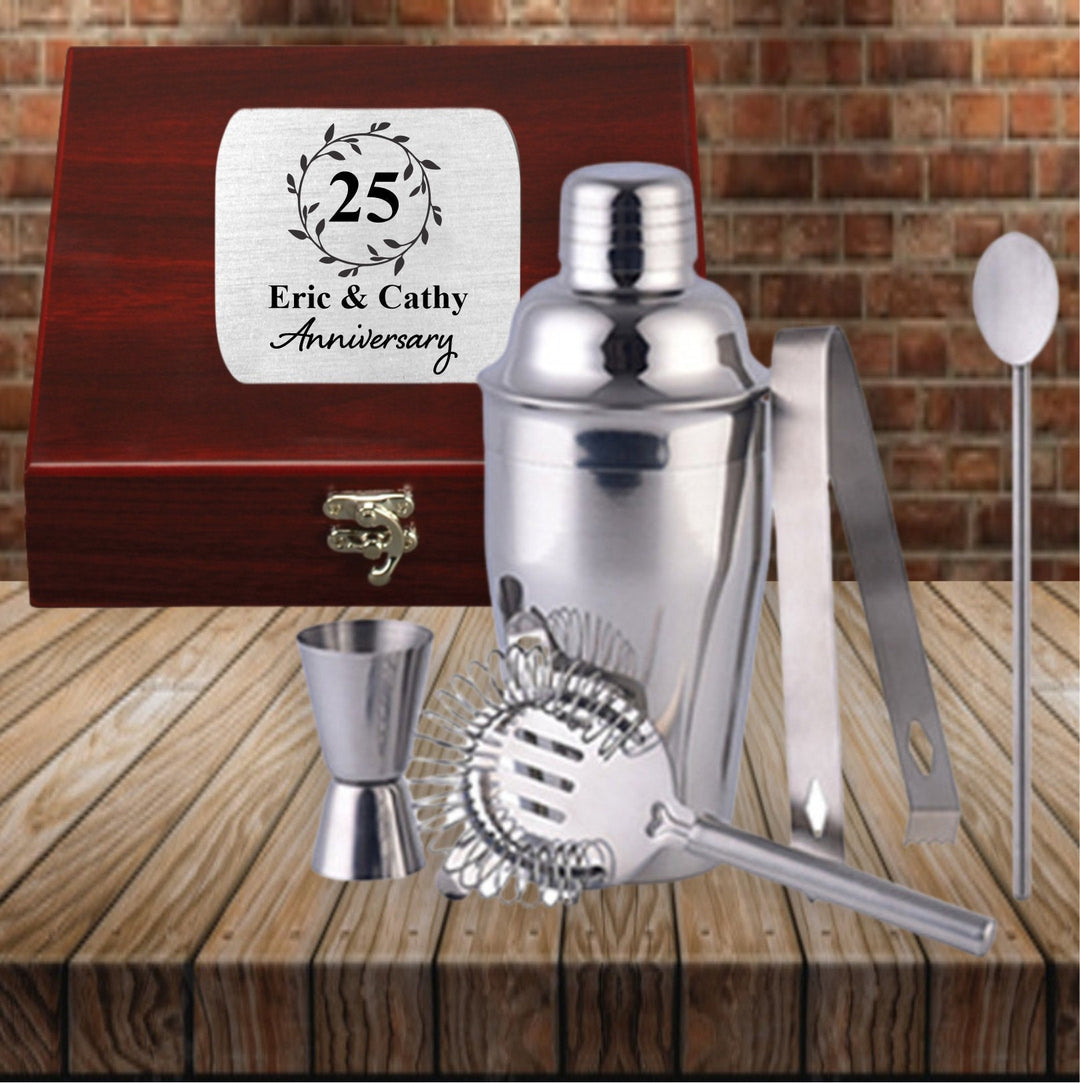 25th Anniversary Martini Shaker Set Engraved, Custom Martini Gift Set, Personalized Cocktail set Gift Box, Barware gift for couples, Wedding