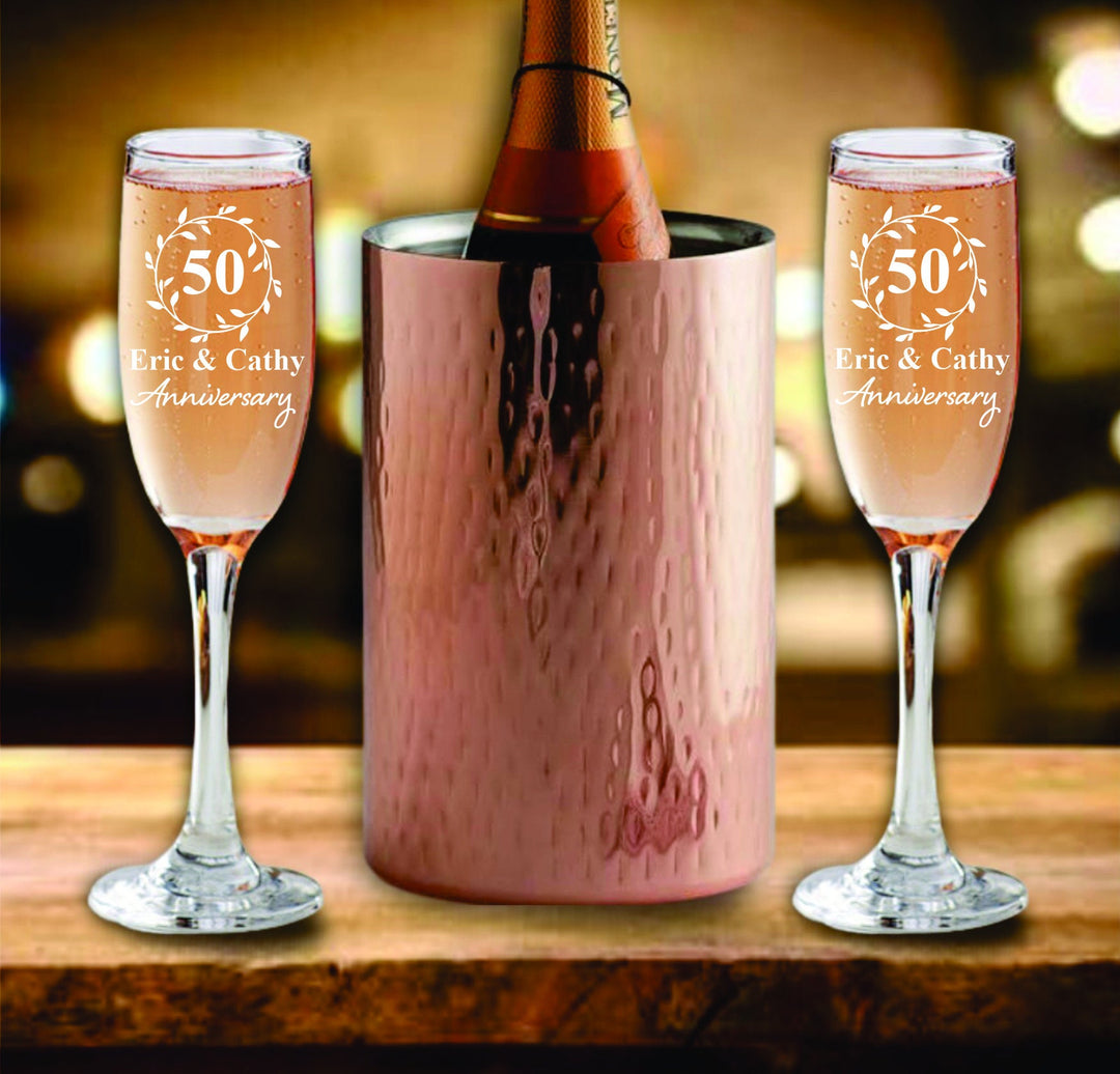 Custom 50th Anniversary Champagne Cooler Gift for Couples, 50 Years Toasting Flutes, Personalized Champagne Glasses, Gift For Mom and Dad