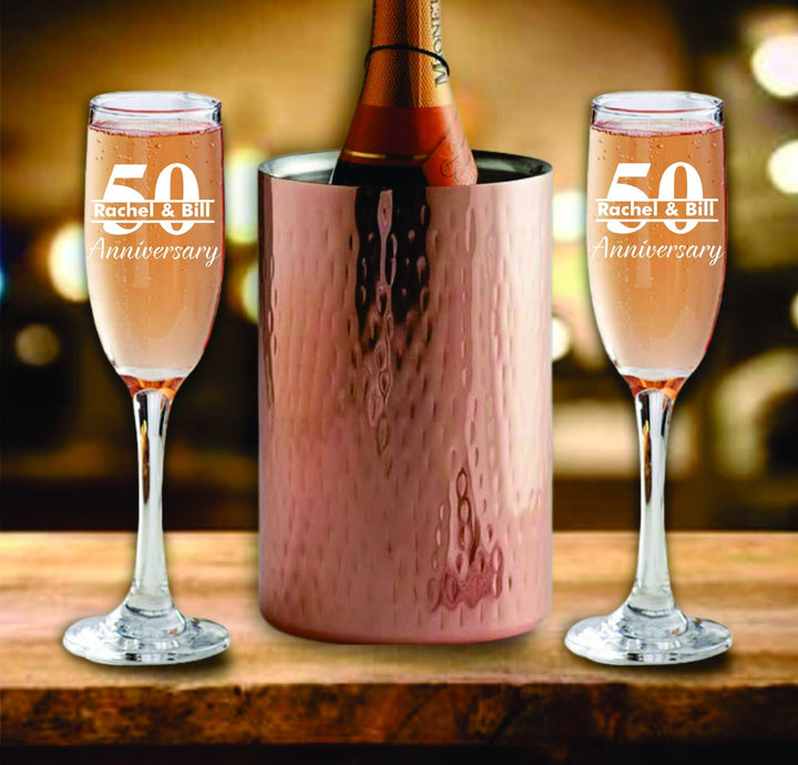 Custom 50th Anniversary Champagne Cooler Gift for Couples, 50 Years Toasting Flutes, Personalized Champagne Glasses, Gift For Mom and Dad