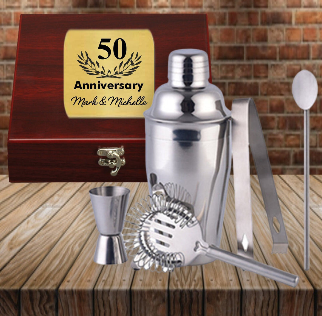 Custom 50th Anniversary Gift for Couples, 50 Years Martini Barware Set, Personalized Martini Gift Set, Martini Shaker Gift For Mom and Dad