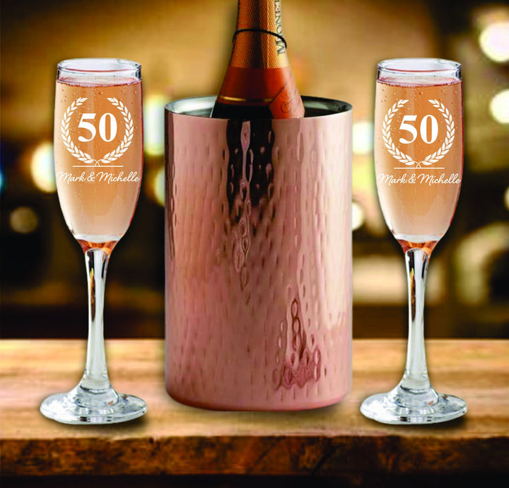 50th Anniversary Champagne Flutes Set Engraved, Custom 50th Anniversary Gifts, Personalized Toasting Glass, Barware gift for couple, Wedding