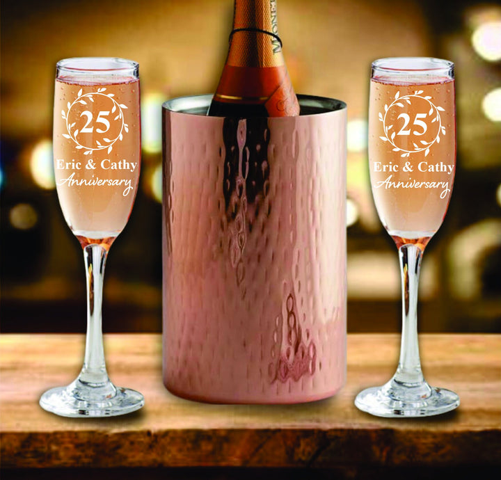 Personalized 25th Anniversary Champagne Chiller Gift Set, Customized Champagne Flutes Set, Personalized Toasting Glasses, Gift for Couples