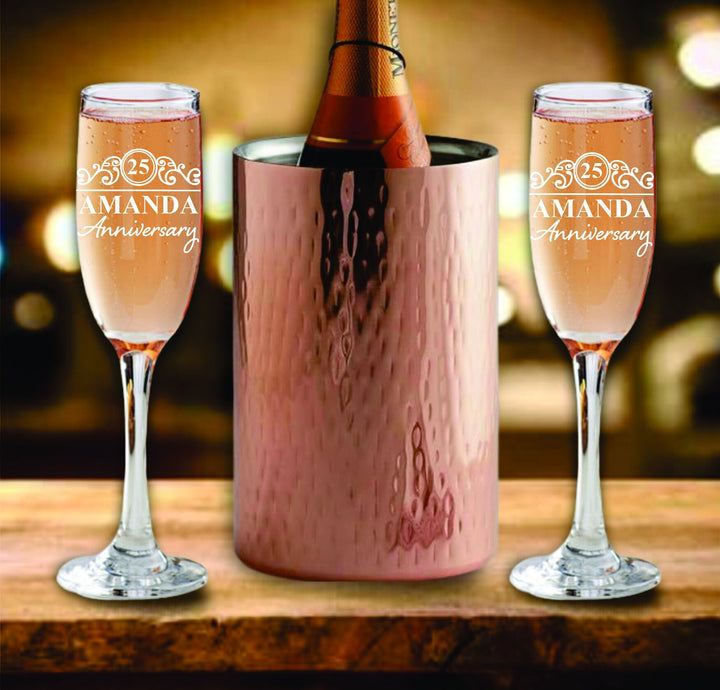 Personalized 25th Anniversary Gift for Couples, Custom Champagne Glasses, Personalized Champagne Bucket Set, Barware Gift for Couple Wedding