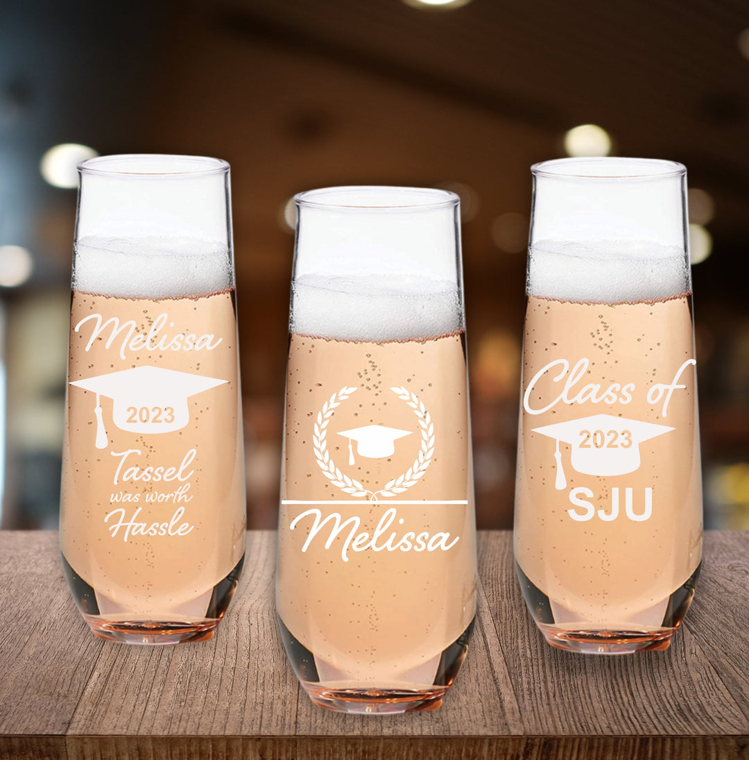 Custom Set of 12 Graduation Stemless Champagne Glass Favors, 2023 College Graduate Favor, Engraved Stem Champagne Flutes, Party favor Gifts