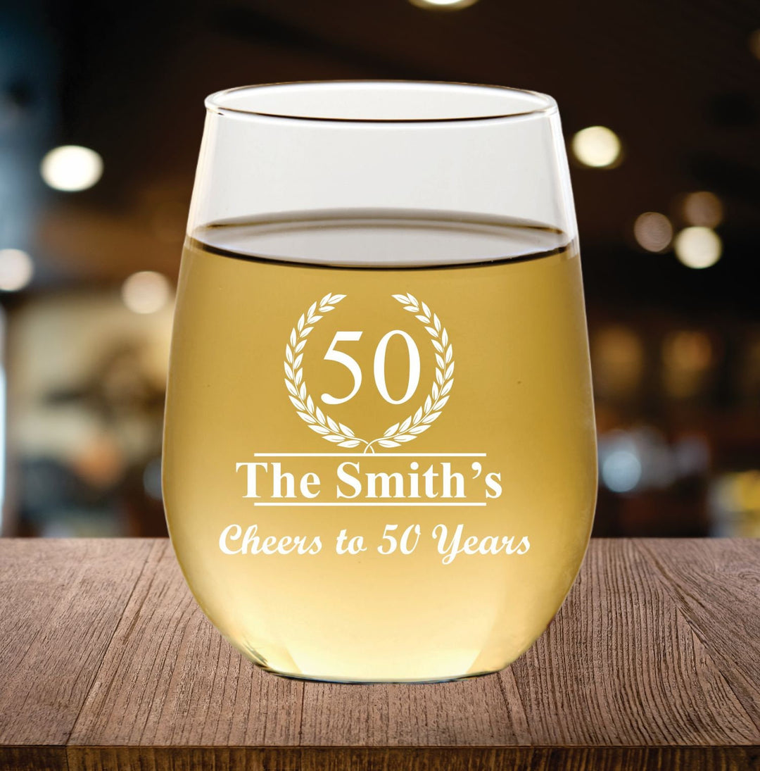 12pc Set Custom 50th Anniversary Stemless Wine Glass Favors, Personalized Wedding Anniversary Favor, Engraved Stem Wine Glasses, Couple Gift