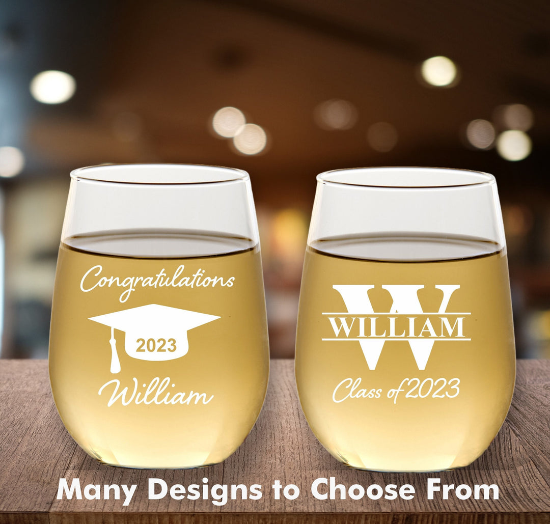 Set of 12 Custom Graduation Wine Glass Favors, 2023 College Graduate Favor, Engraved Stemless Wine Glasses, Wine Glass Party Favor Gift