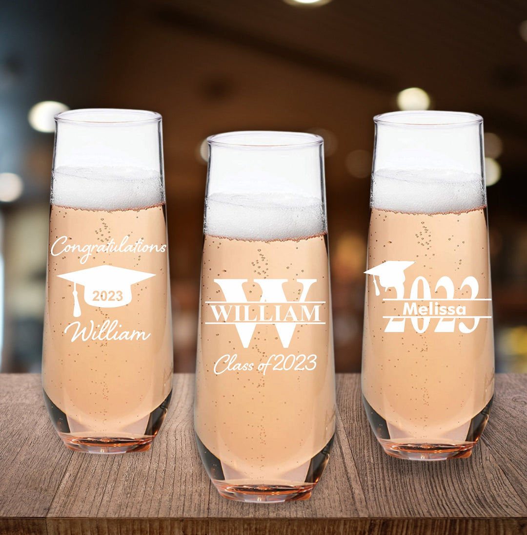 Custom Set of 12 Graduation Stemless Champagne Glass Favors, 2023 College Graduate Favor, Engraved Stem Champagne Flutes, Party favor Gifts
