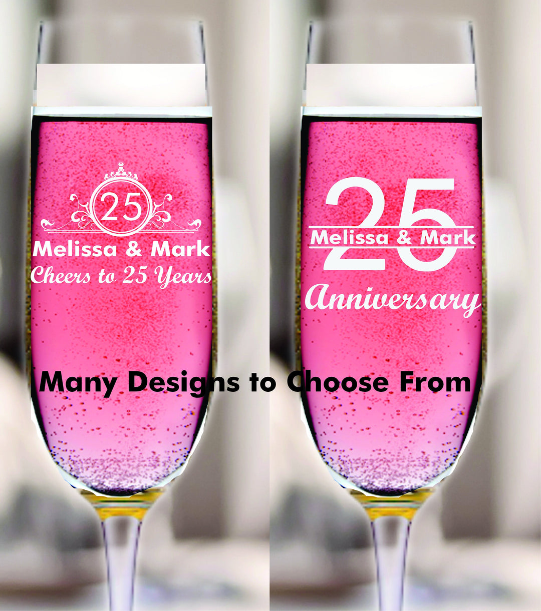 12 Pc Set Personalized 25th Anniversary Stem Champagne Glass Favors, 25 Years Favor, Champagne Flutes, Mom and Dad, Husband and Wife Favors
