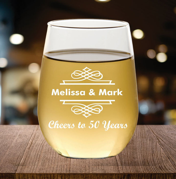 12pc Set Custom 50th Anniversary Stemless Wine Glass Favors, Personalized Wedding Anniversary Favor, Engraved Stem Wine Glasses, Couple Gift