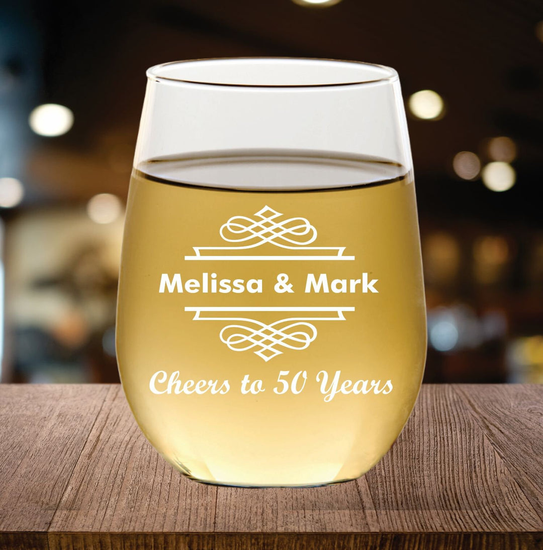 12 Pcs 50th Anniversary Stemless Wine Glass Favors, Personalized Party Favor, Engraved Glasses, Custom Wedding Anniversary Party Favors