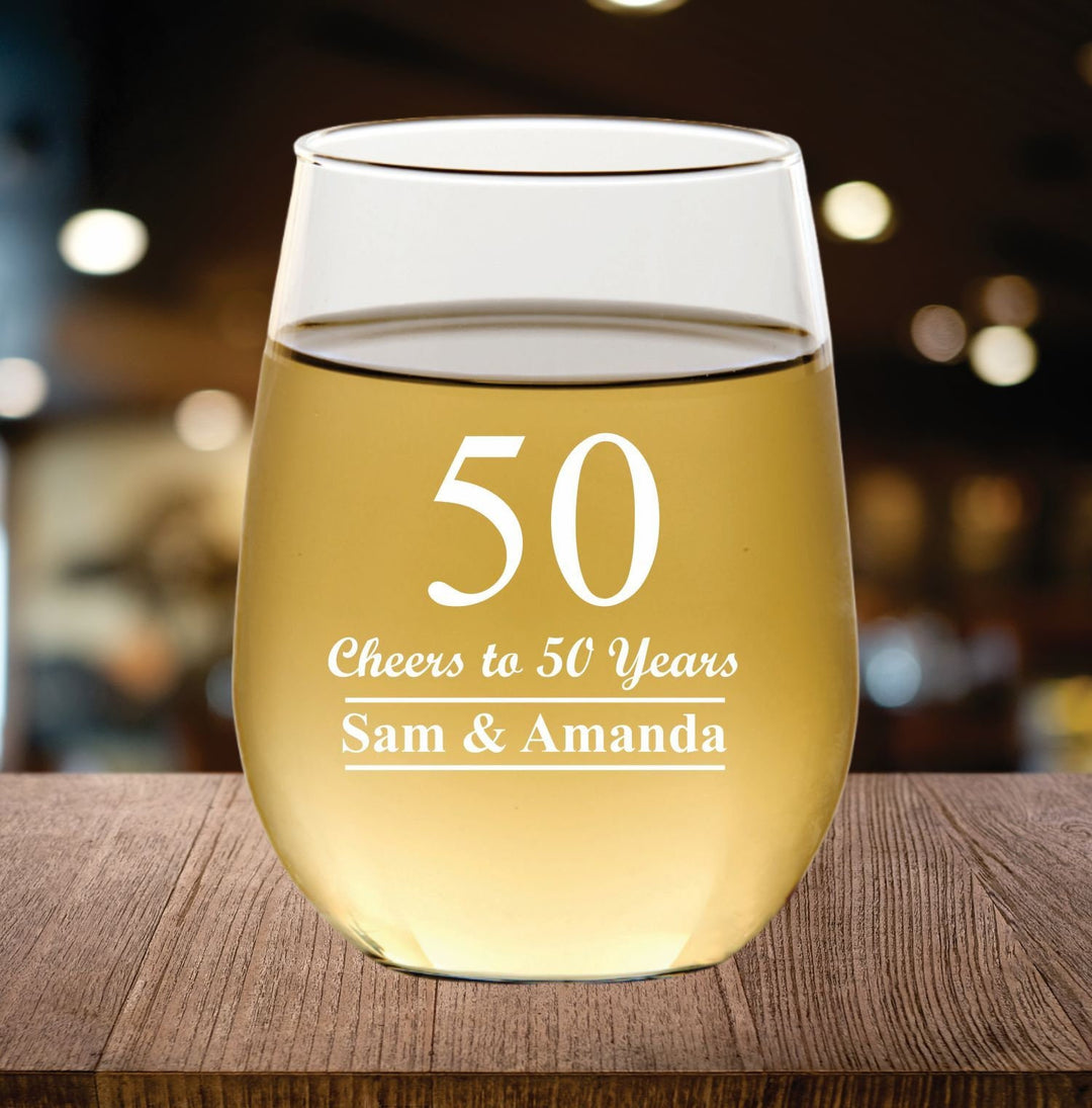 12 Pcs 50th Anniversary Stemless Wine Glass Favors, Personalized Party Favor, Engraved Glasses, Custom Wedding Anniversary Party Favors