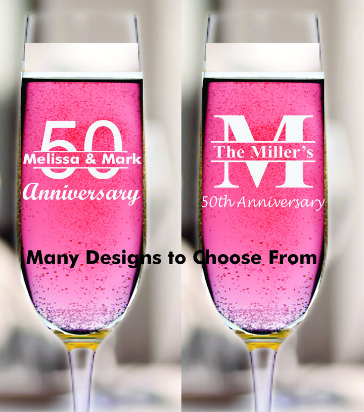 12pc Set Custom 50th Anniversary Champagne Glass Favors, Personalized Wedding Anniversary Favor, Engraved Stem Champagne Flute, Couples Gift