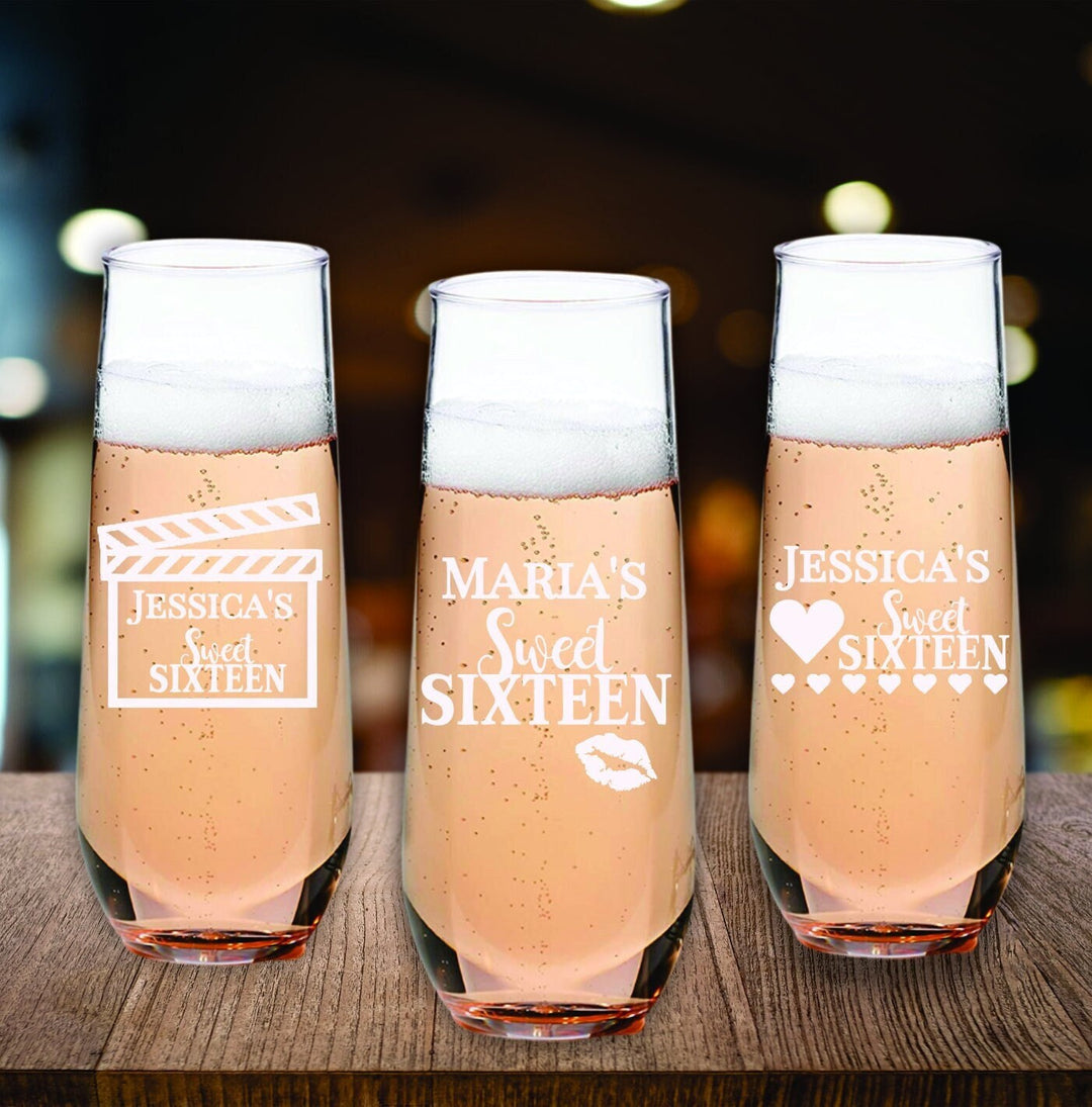 Custom Sweet 16 Stemless Champagne Glass Favors, Personalized 16th Birthday Party Favor, Engraved Champagne Flutes, Champagne Party Gift