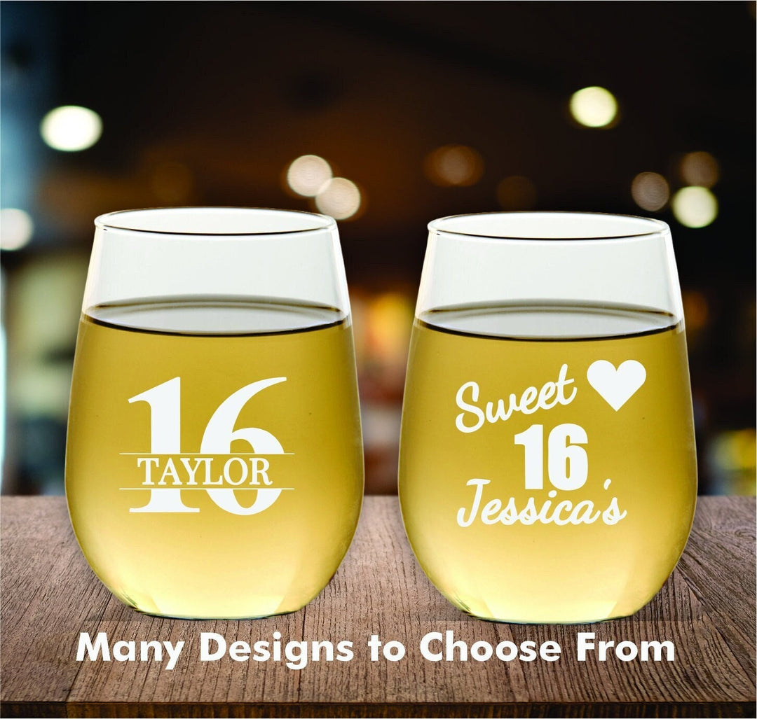 Set of 12 Custom Sweet 16 Stemless Wine Glass Favors, 16th Birthday Party Favor, Engraved Wine Glasses, Wine Glass Party Favor Gift