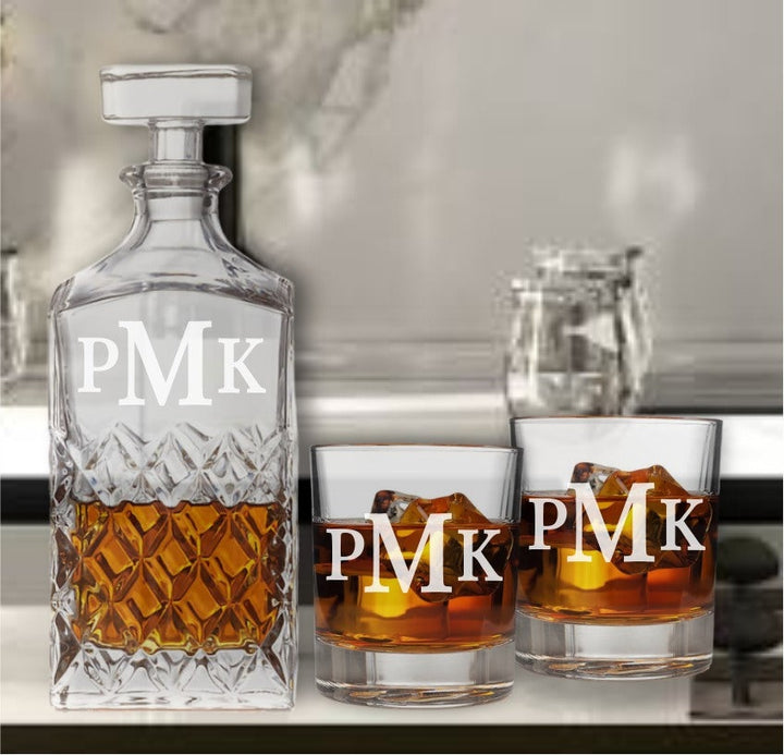 Personalized Whiskey Decanter - Scotch Rocks Glasses, Husband - Fathers Day - Custom Bourbon Glasses - Birthday- Custom Engraved - Engraved