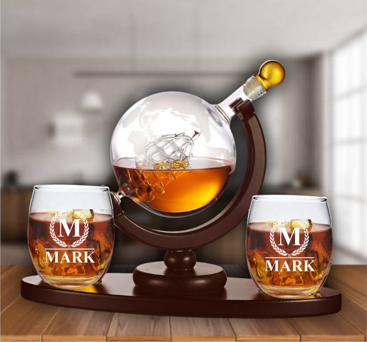 Engraved Globe Whiskey Decanter - Personalized Groomsman Gifts - Groomsmen Proposal - Gift for men - Engraved Glass Decanter Set - Best Man