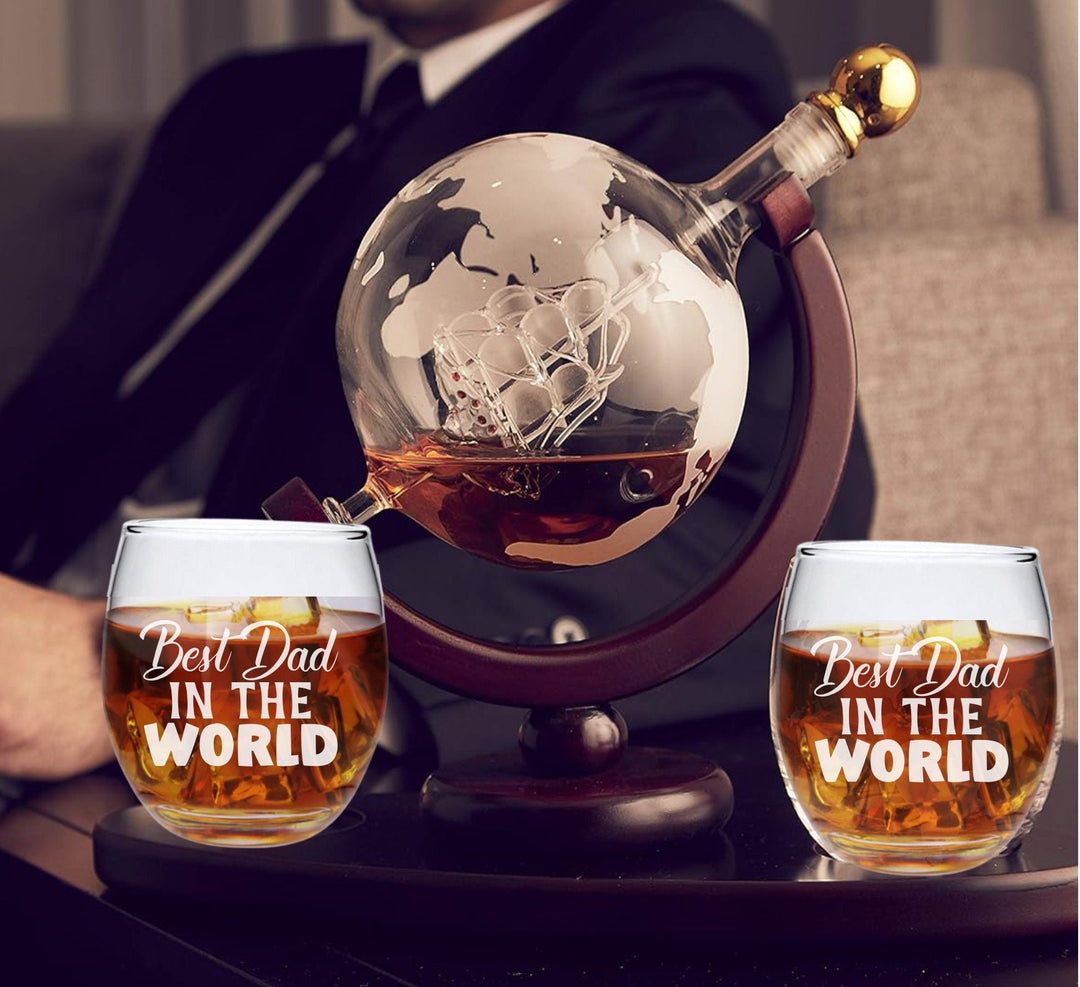 Personalized Gifts for Dad - Globe Whiskey Decanter Set - Father's Day Gift - Bourbon Glasses - Gift for men - Gift from Daughters