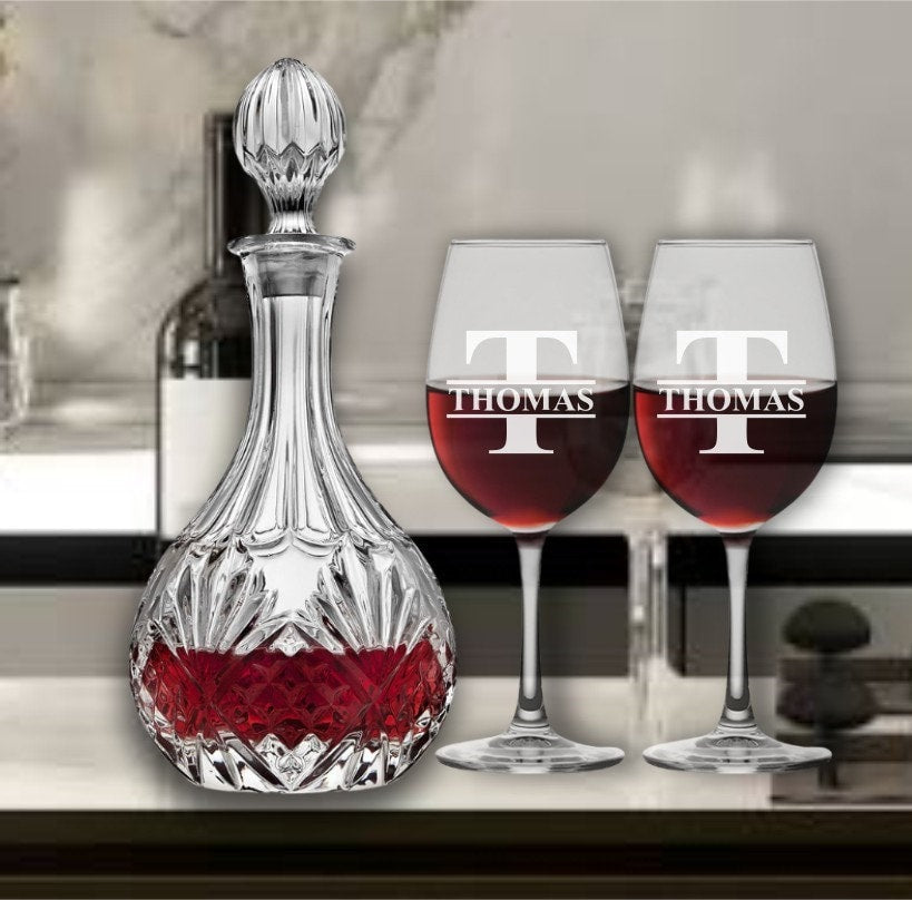 Personalized Wine Decanter Set - Gifts for the Home - New Home Barware - Custom Engraved Housewarming Gift - Stem Wine Glasses - Home Bar